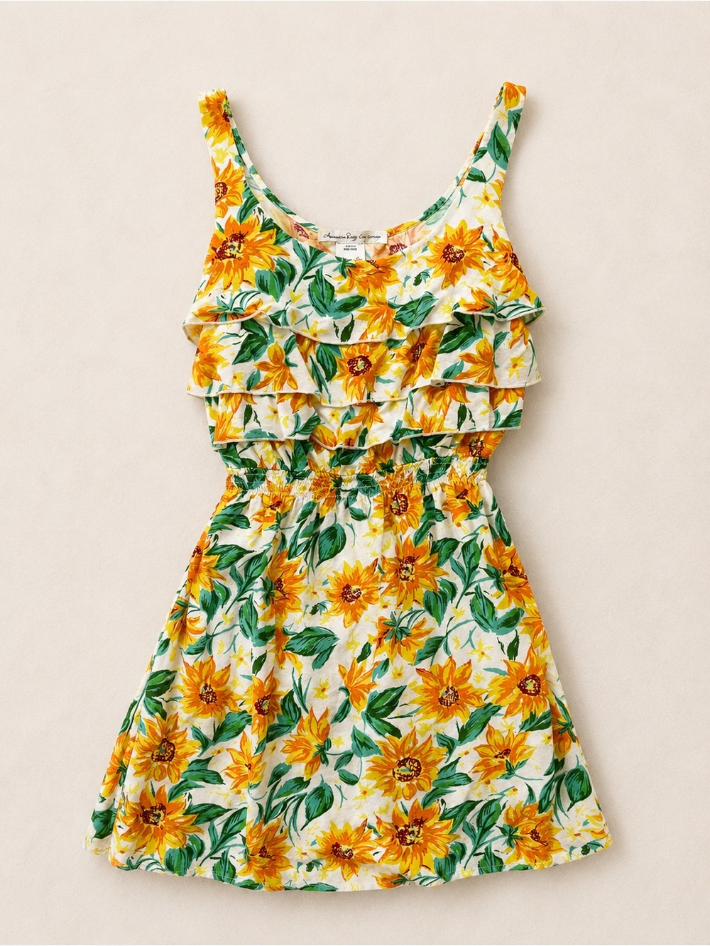 American Rag Cie Sunflower Ruffle Sundress w/ Spaghetti Straps / Yellow & Green